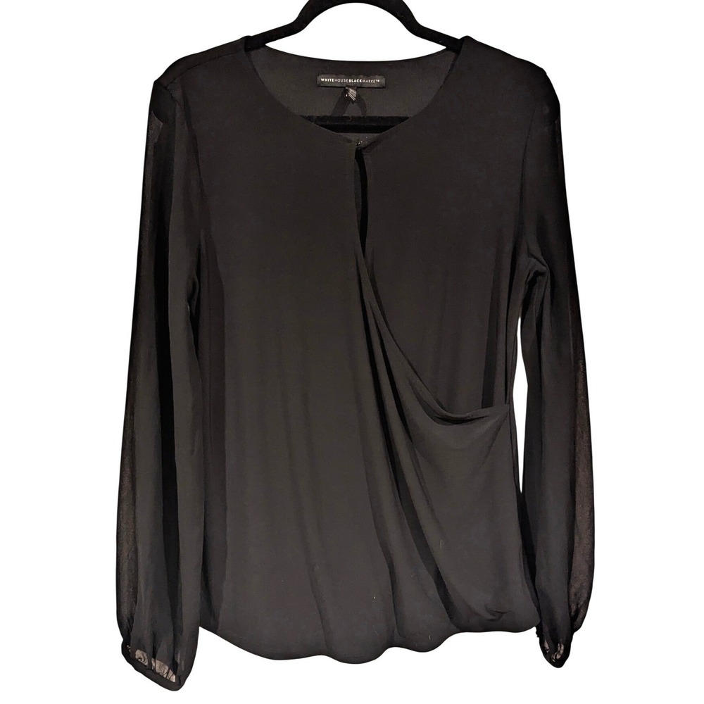 White House Black Market Faux Wrap Blouse M Black Sheer Sleeve Career Keyhole